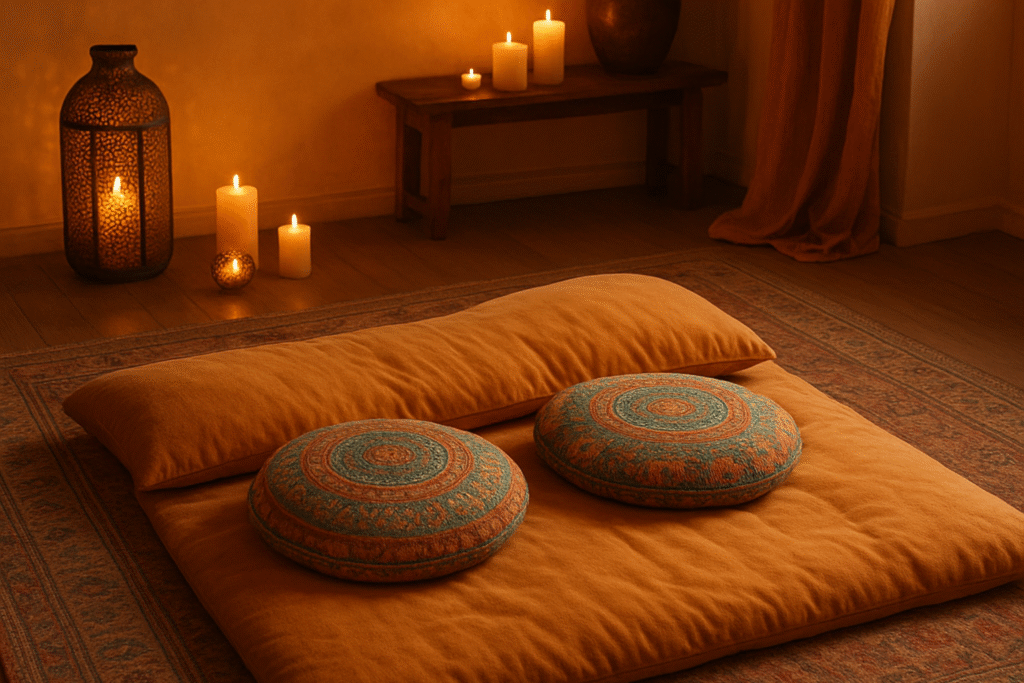 Tantra massage setting met matras op de grond, kussens en kaarslicht – warme en rustgevende sfeer