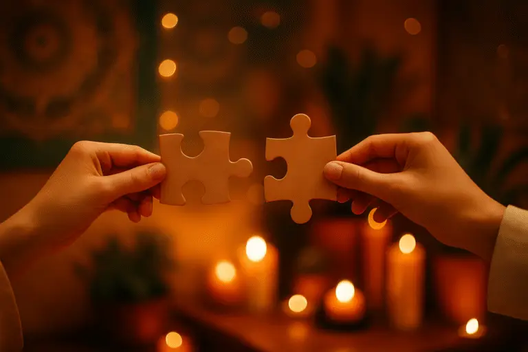 2 handen die een puzzelstukje vasthouden, met kaarsjes op de achtergrond